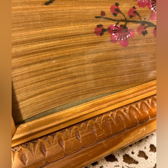 Vintage Bamboo Scroll Painted Bird with Tree Blossoms Teak Framed Wall Decor - Picture 7 of 17